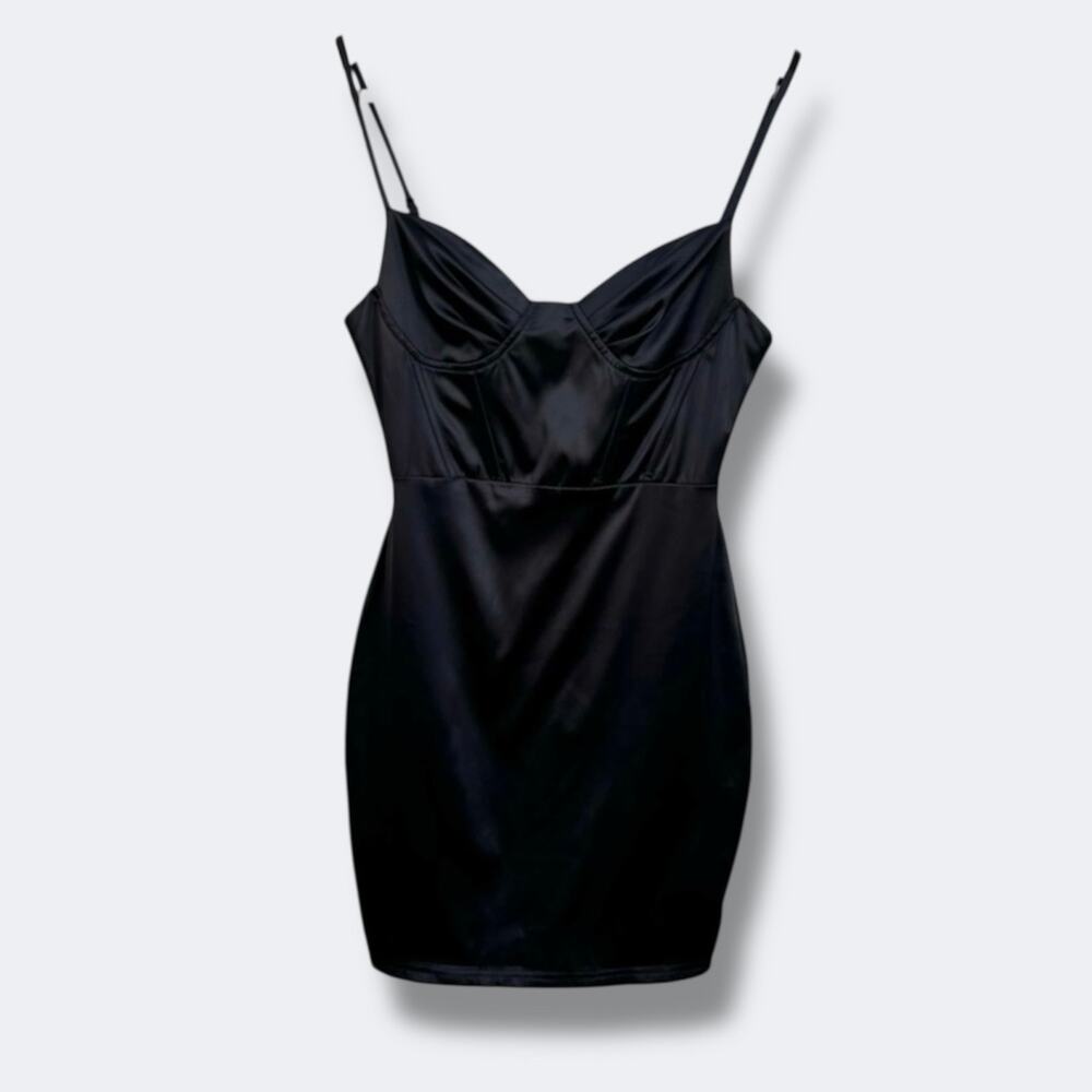 Tic Toc Dress Womens Small Black Satin Bodycon Mini Strappy Night Out Party Sexy